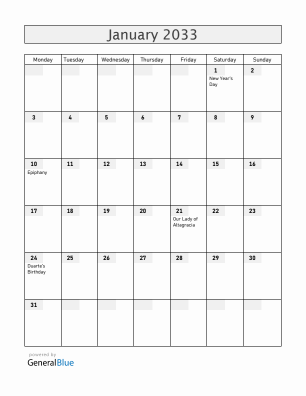 Dominican Republic January 2033 Calendar with Holidays