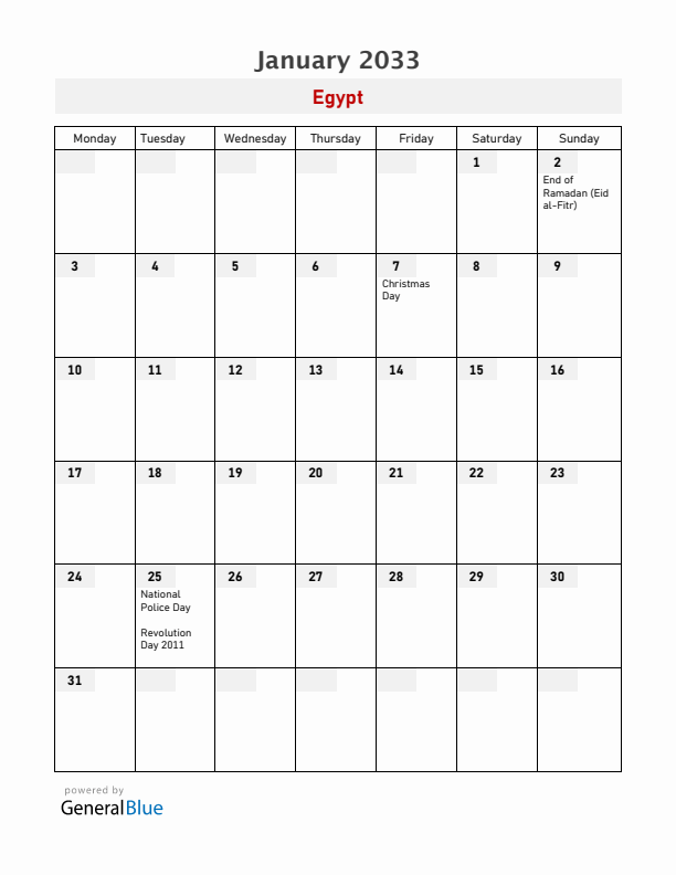 Egypt January 2033 Calendar with Holidays