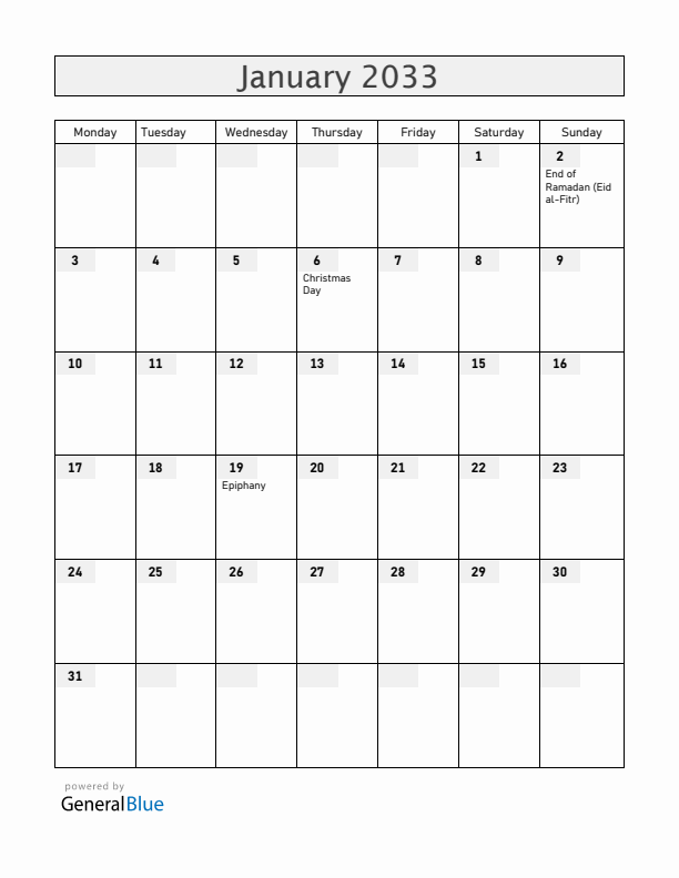 Ethiopia January 2033 Calendar with Holidays