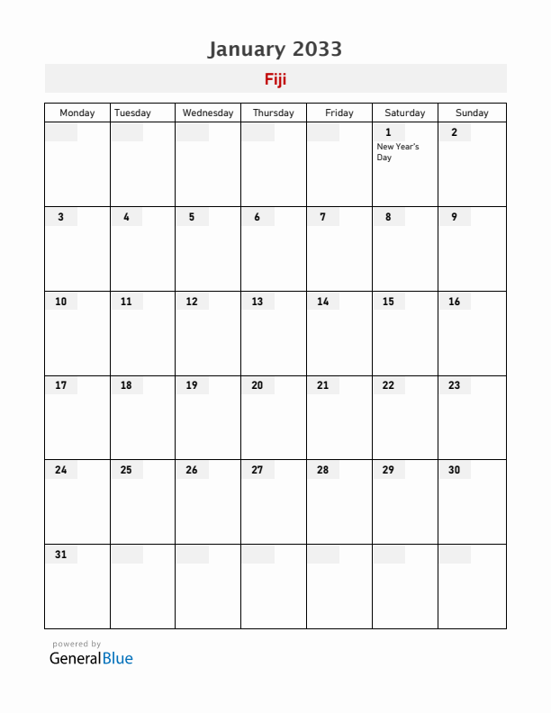 Fiji January 2033 Calendar with Holidays