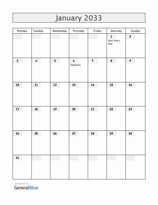 Greenland January 2033 Calendar with Holidays