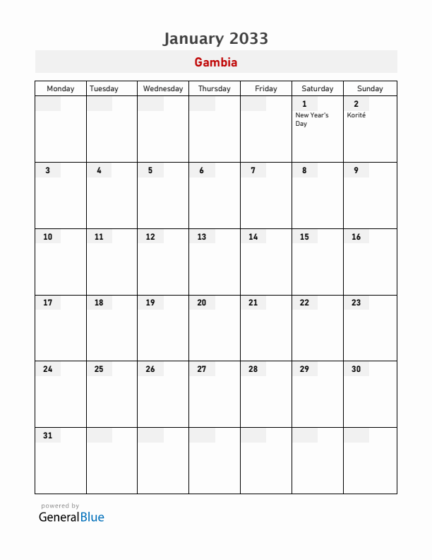 Gambia January 2033 Calendar with Holidays