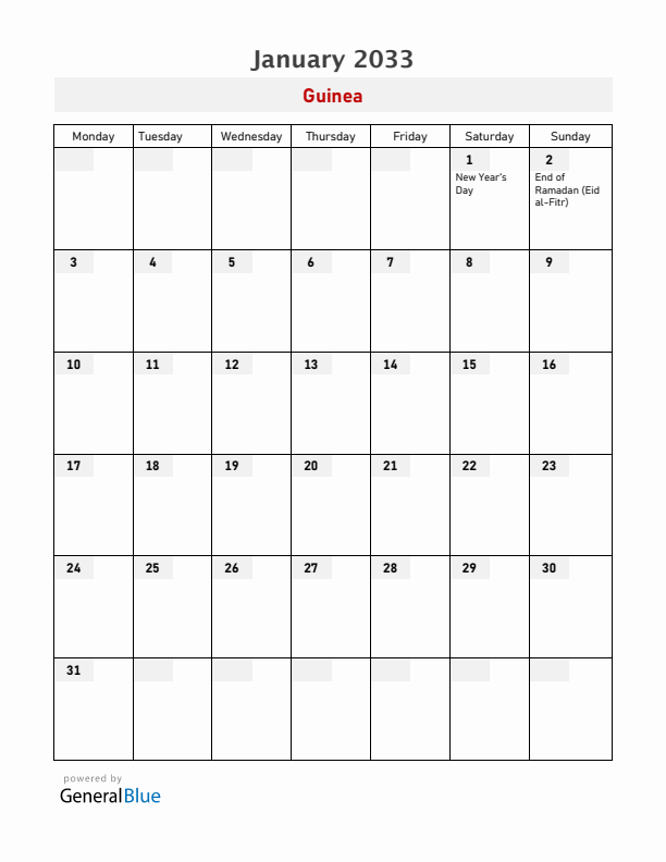 Guinea January 2033 Calendar with Holidays