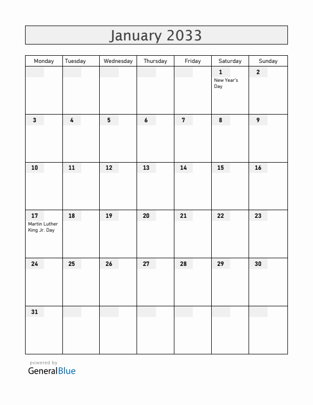 Guam January 2033 Calendar with Holidays