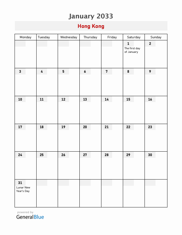 Hong Kong January 2033 Calendar with Holidays