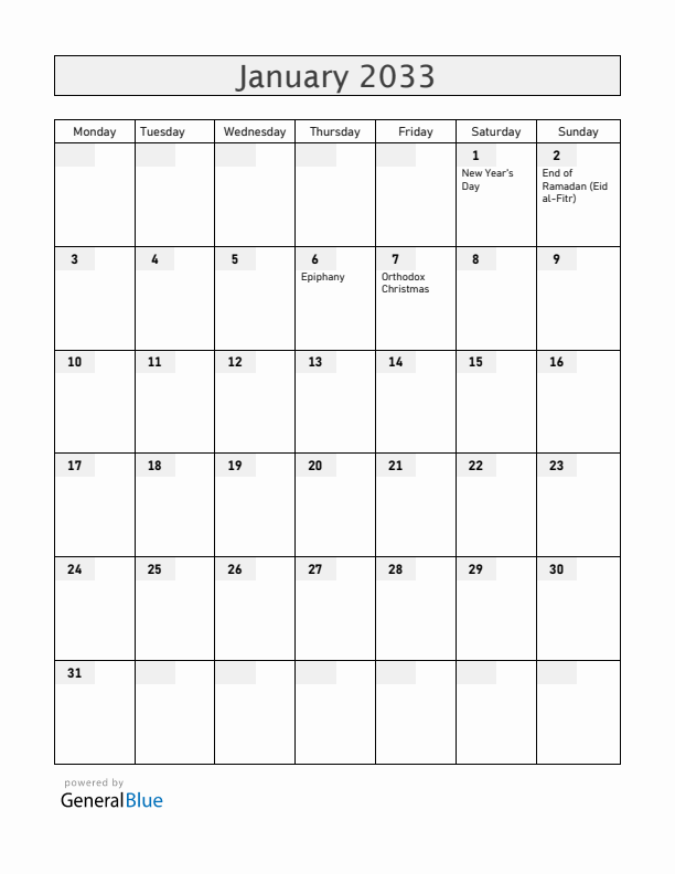Croatia January 2033 Calendar with Holidays