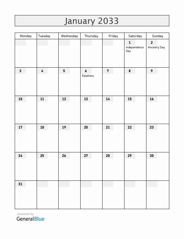 Haiti January 2033 Calendar with Holidays