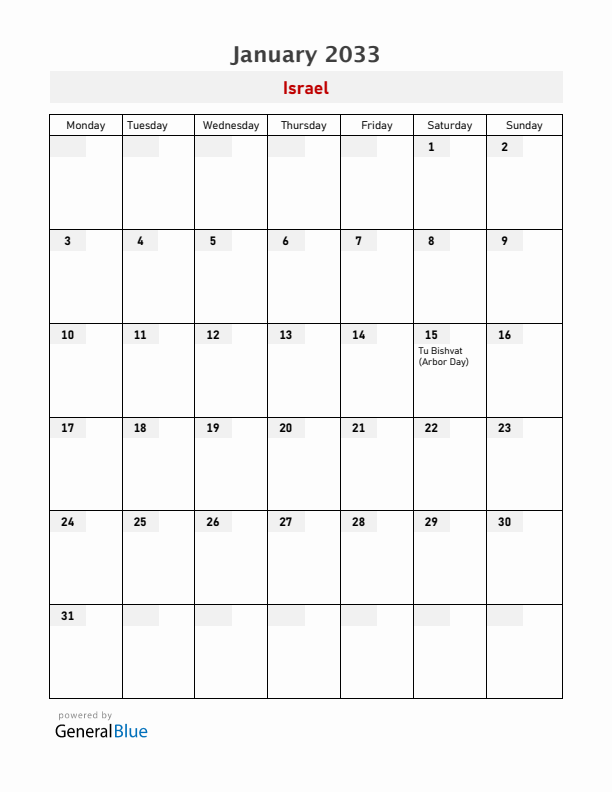 Israel January 2033 Calendar with Holidays