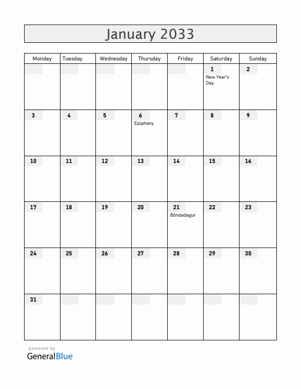 Iceland January 2033 Calendar with Holidays