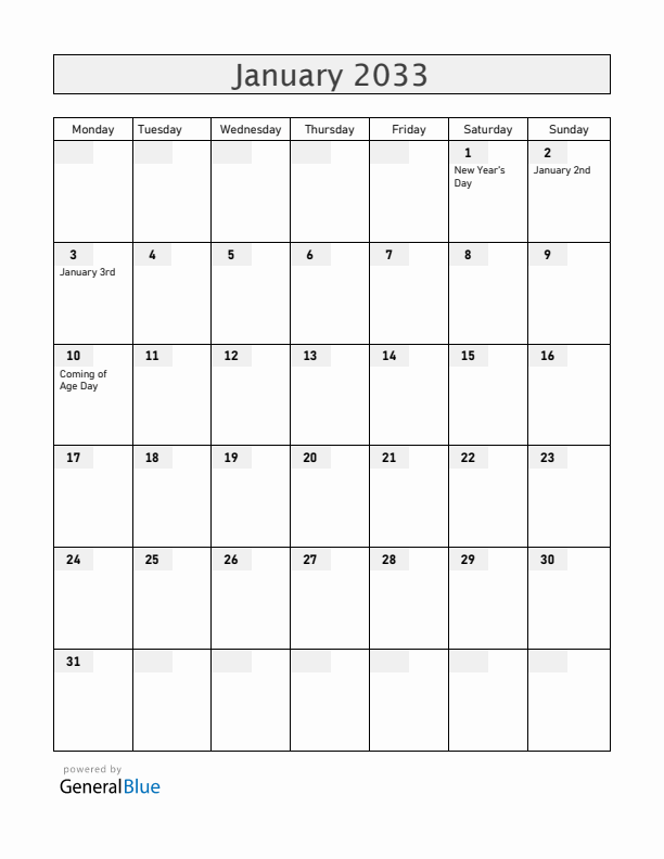 Japan January 2033 Calendar with Holidays