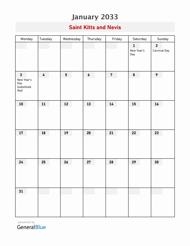 Saint Kitts and Nevis January 2033 Calendar with Holidays
