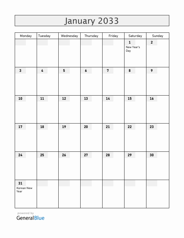 South Korea January 2033 Calendar with Holidays