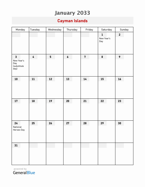 Cayman Islands January 2033 Calendar with Holidays