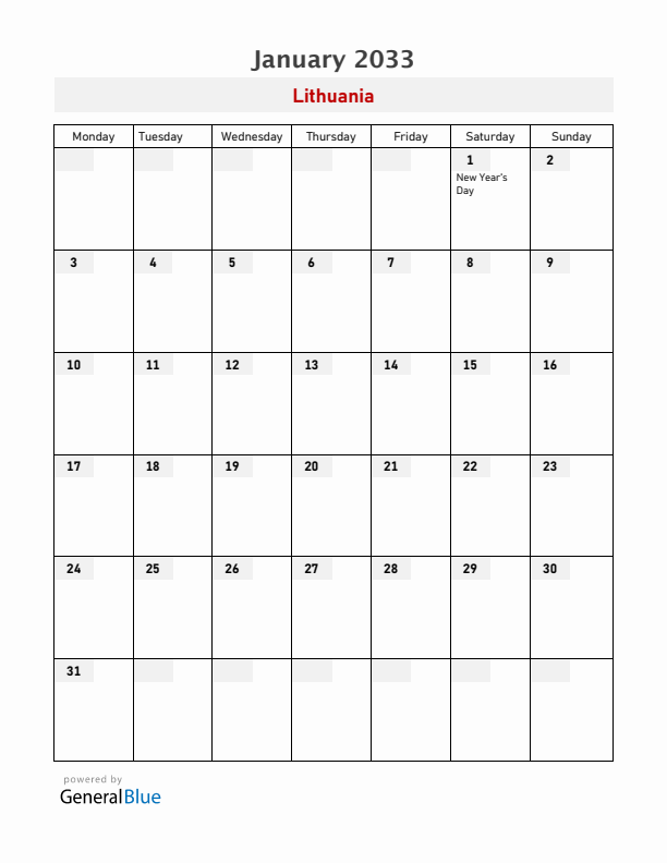 Lithuania January 2033 Calendar with Holidays
