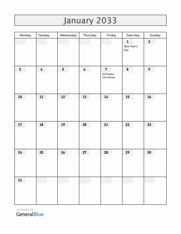 Moldova January 2033 Calendar with Holidays