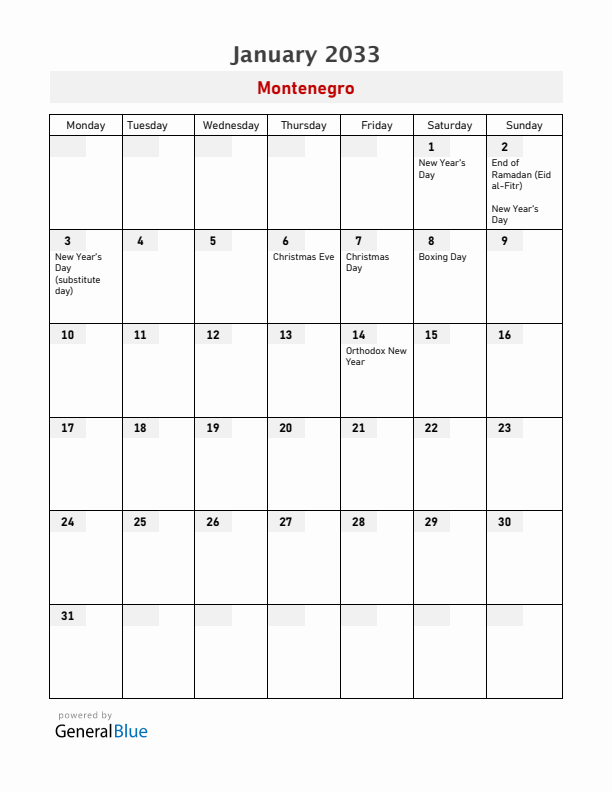 Montenegro January 2033 Calendar with Holidays
