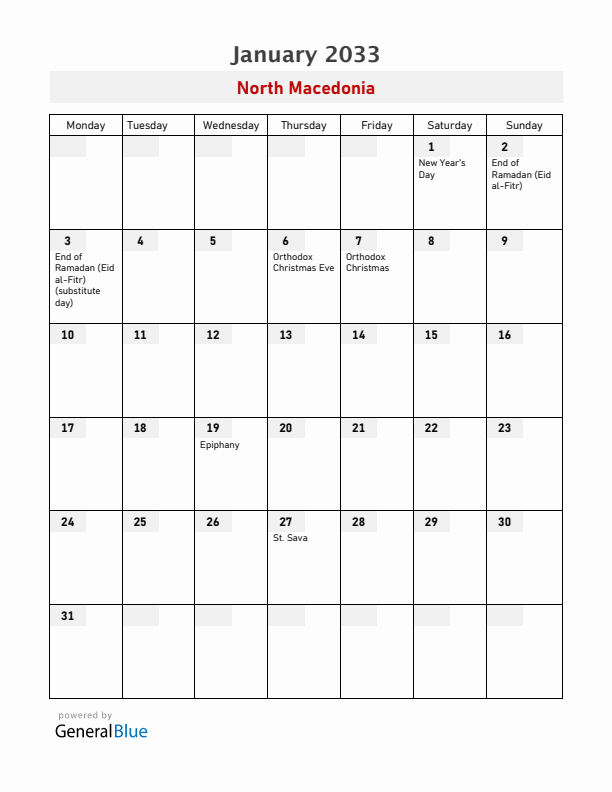 North Macedonia January 2033 Calendar with Holidays
