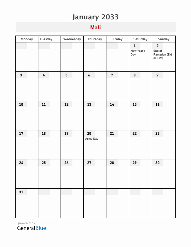 Mali January 2033 Calendar with Holidays