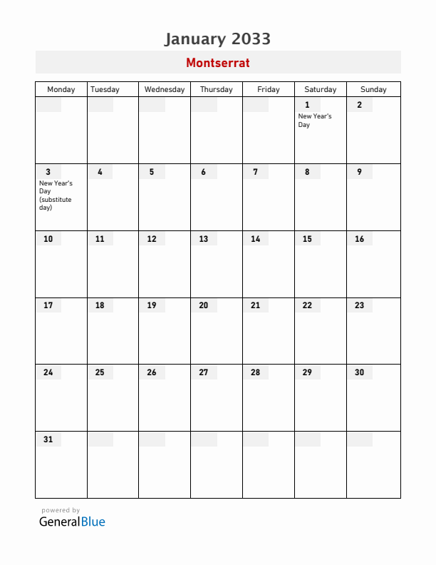 Montserrat January 2033 Calendar with Holidays