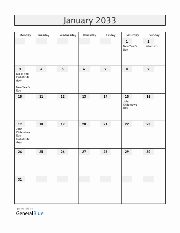 Malawi January 2033 Calendar with Holidays
