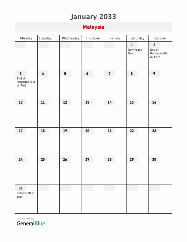 Malaysia January 2033 Calendar with Holidays