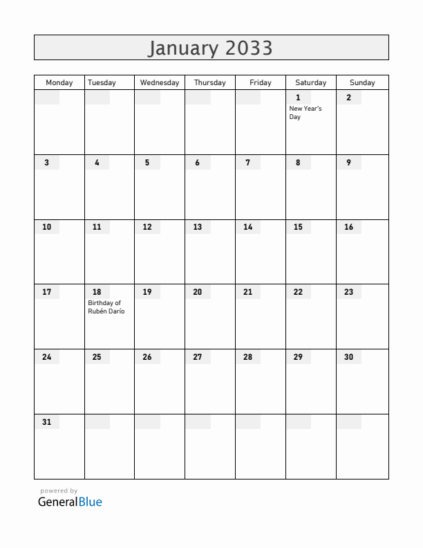Nicaragua January 2033 Calendar with Holidays