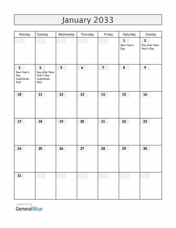 New Zealand January 2033 Calendar with Holidays
