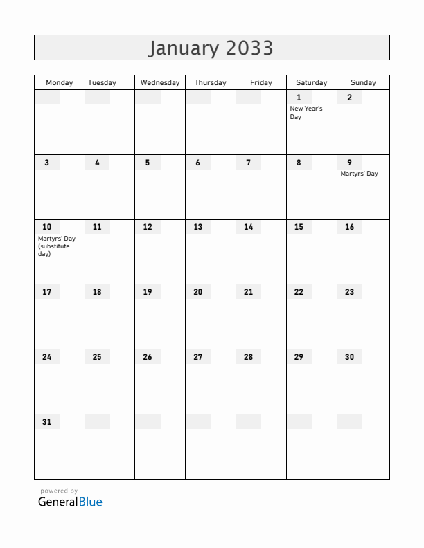 Panama January 2033 Calendar with Holidays