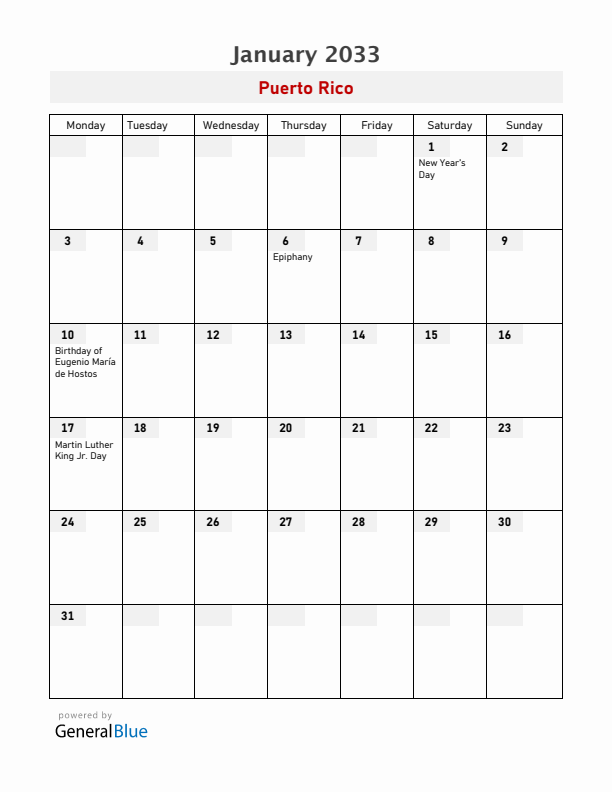 Puerto Rico January 2033 Calendar with Holidays