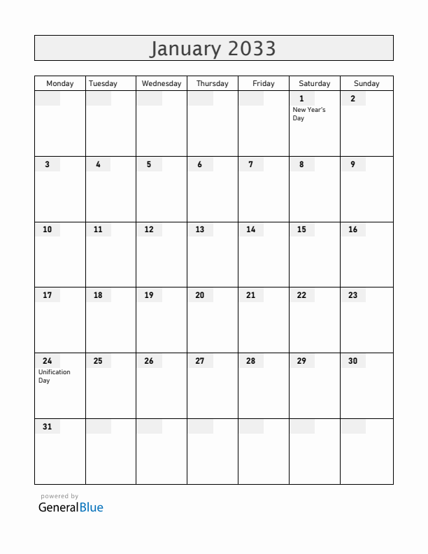 Romania January 2033 Calendar with Holidays