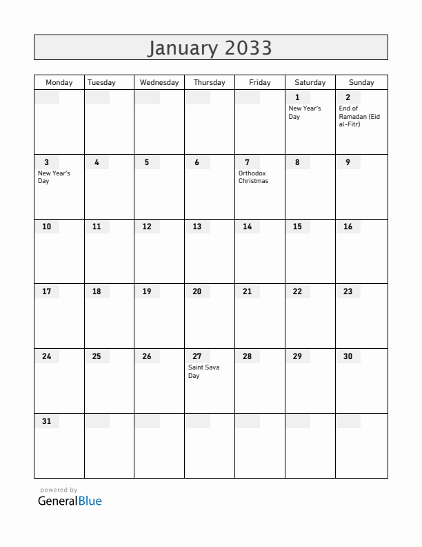 Serbia January 2033 Calendar with Holidays