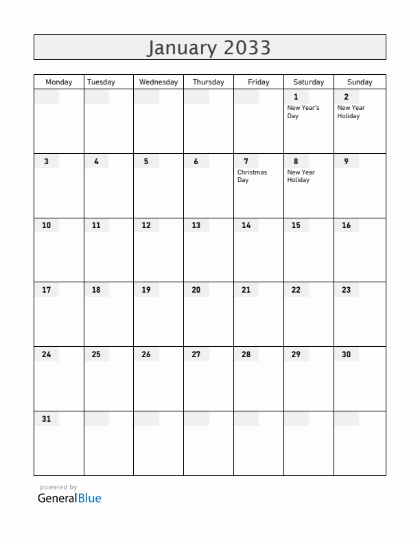 Russia January 2033 Calendar with Holidays