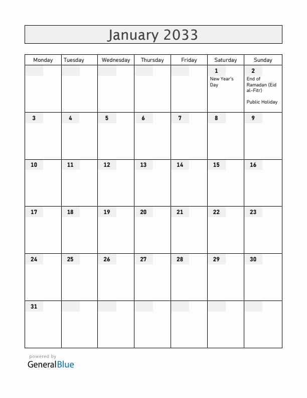 Rwanda January 2033 Calendar with Holidays