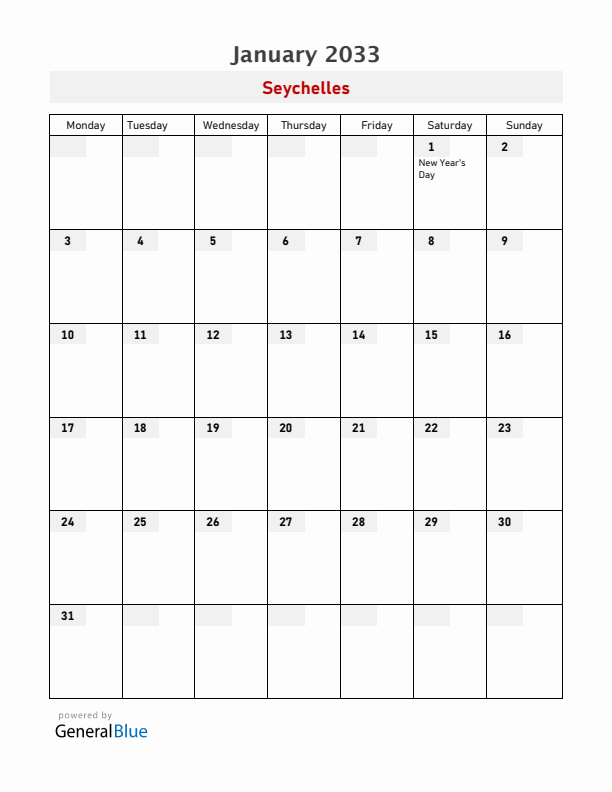 Seychelles January 2033 Calendar with Holidays