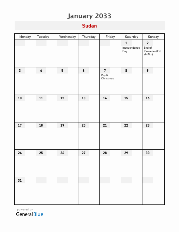 Sudan January 2033 Calendar with Holidays