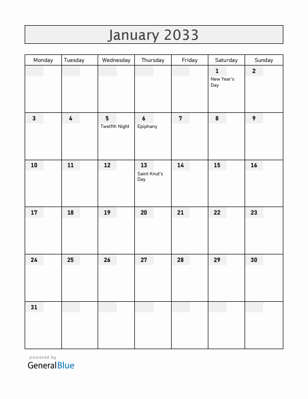Sweden January 2033 Calendar with Holidays
