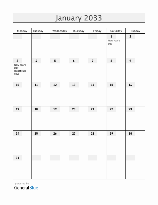 Saint Helena January 2033 Calendar with Holidays