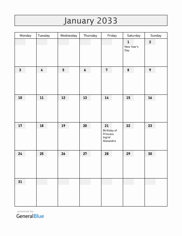 Svalbard and Jan Mayen January 2033 Calendar with Holidays