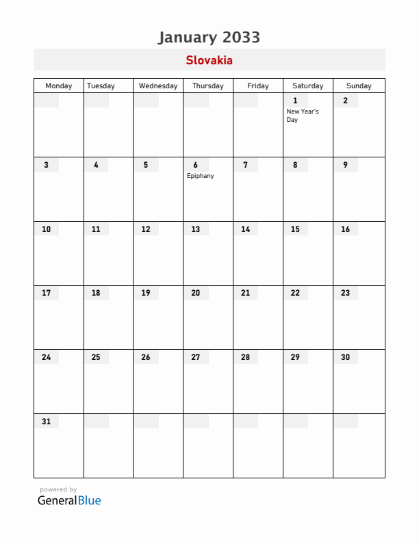 Slovakia January 2033 Calendar with Holidays