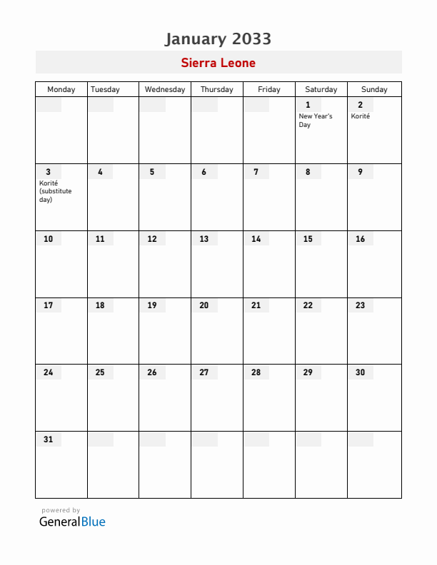 Sierra Leone January 2033 Calendar with Holidays