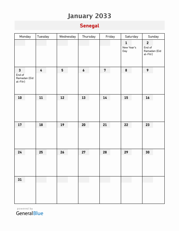 Senegal January 2033 Calendar with Holidays