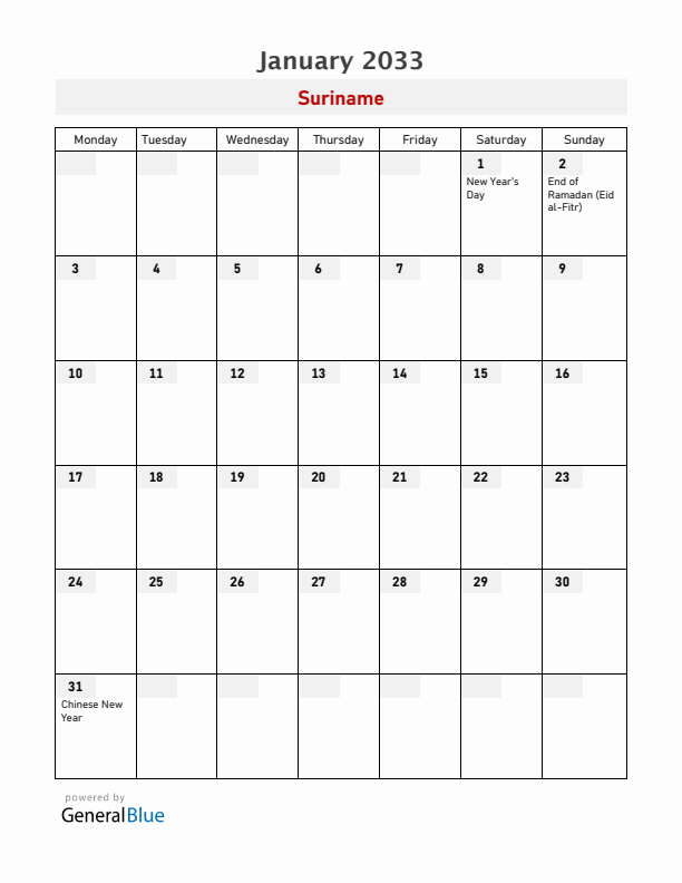 Suriname January 2033 Calendar with Holidays
