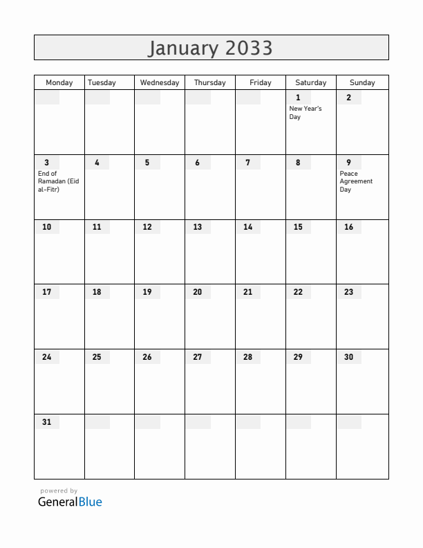 South Sudan January 2033 Calendar with Holidays
