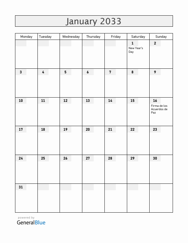 El Salvador January 2033 Calendar with Holidays