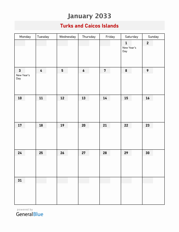 Turks and Caicos Islands January 2033 Calendar with Holidays