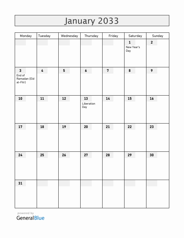 Togo January 2033 Calendar with Holidays