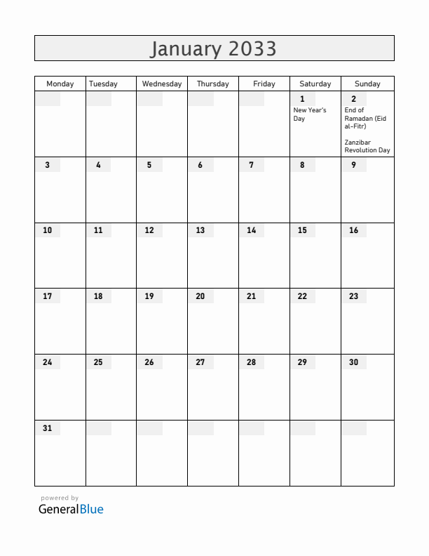 Tanzania January 2033 Calendar with Holidays