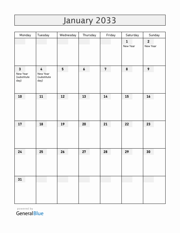Ukraine January 2033 Calendar with Holidays