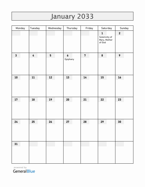 Vatican January 2033 Calendar with Holidays