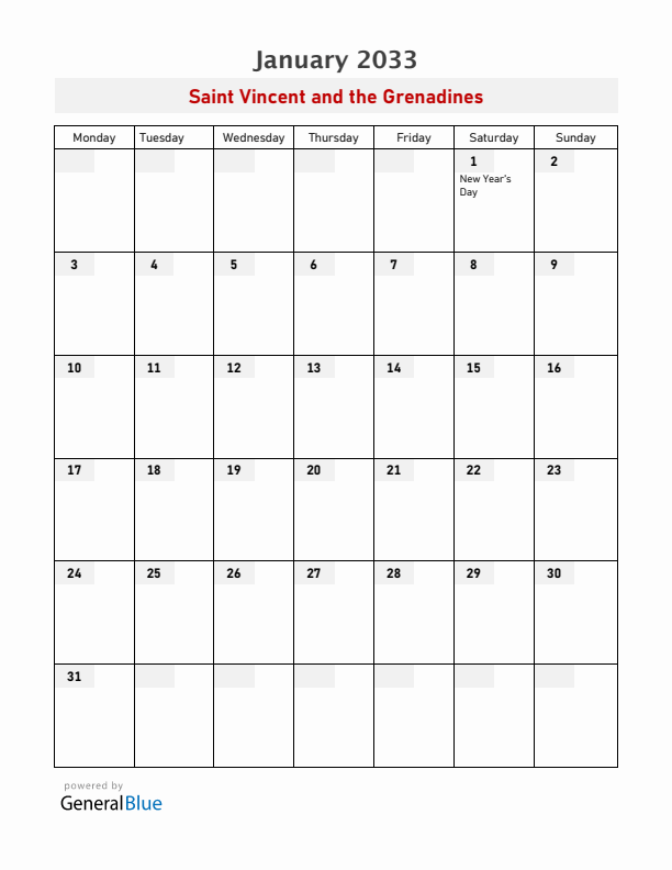 Saint Vincent and the Grenadines January 2033 Calendar with Holidays